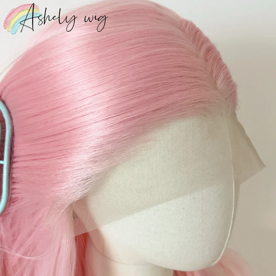 Peluca rosa claro para mujer con frente de encaje 13x4, 26 pulgadas larga lacia sintética, suave y natural, resistente al calor, para cosplay 3
