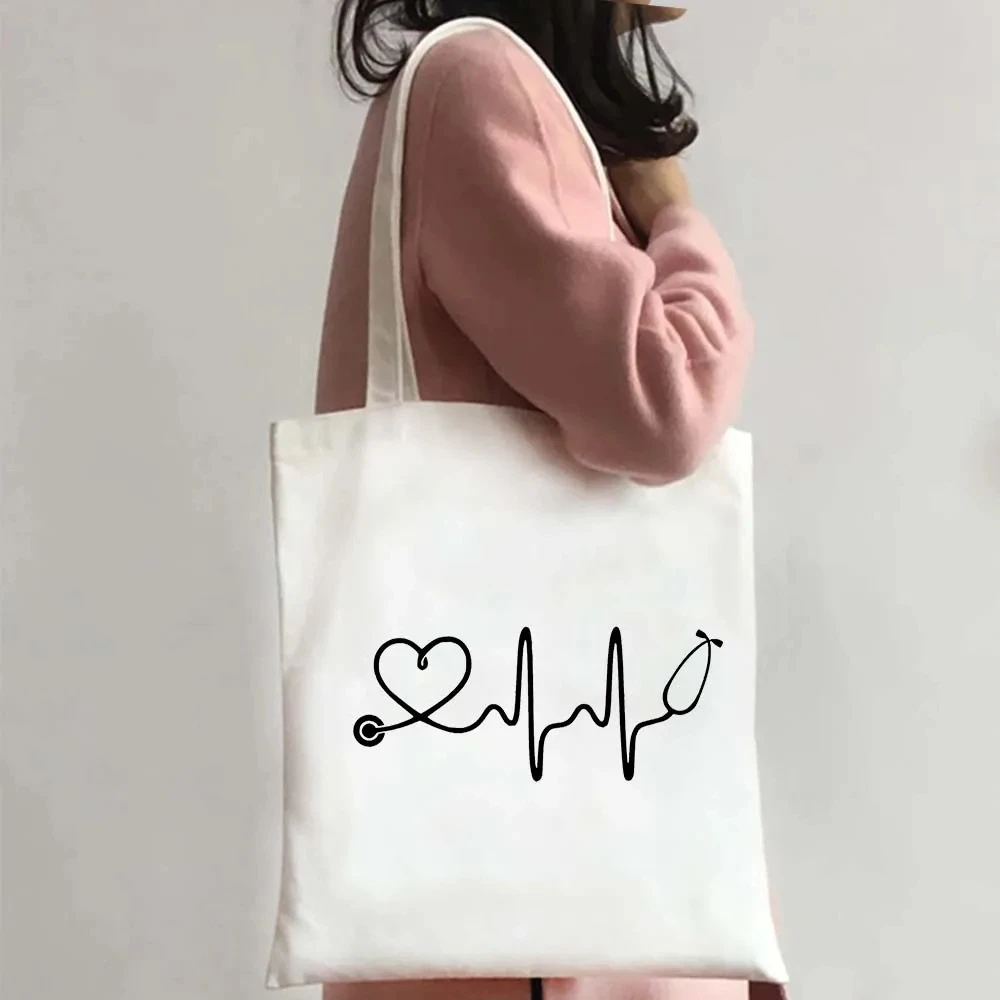Stethoscope Heartbeat Line Minimal Graphic Canvas Tote Bag Handbag For Daily Commute Shopping And Short Travel Use