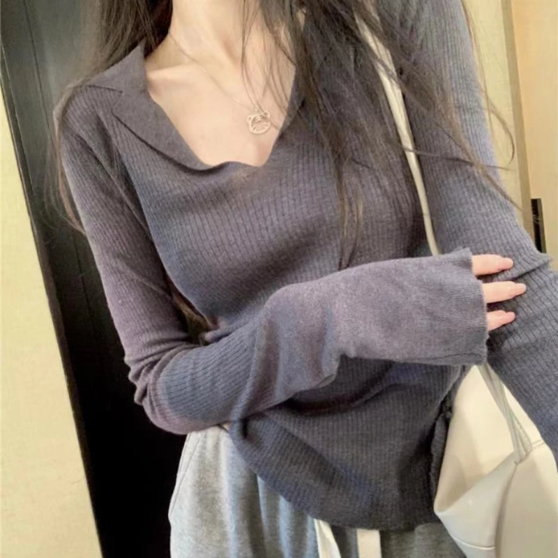 Spring Autumn New Fashion Turn-down Collar Long Sleeve Solid Pullovers Women\'s Clothing Casual Korean Button Knitting Thin Tops