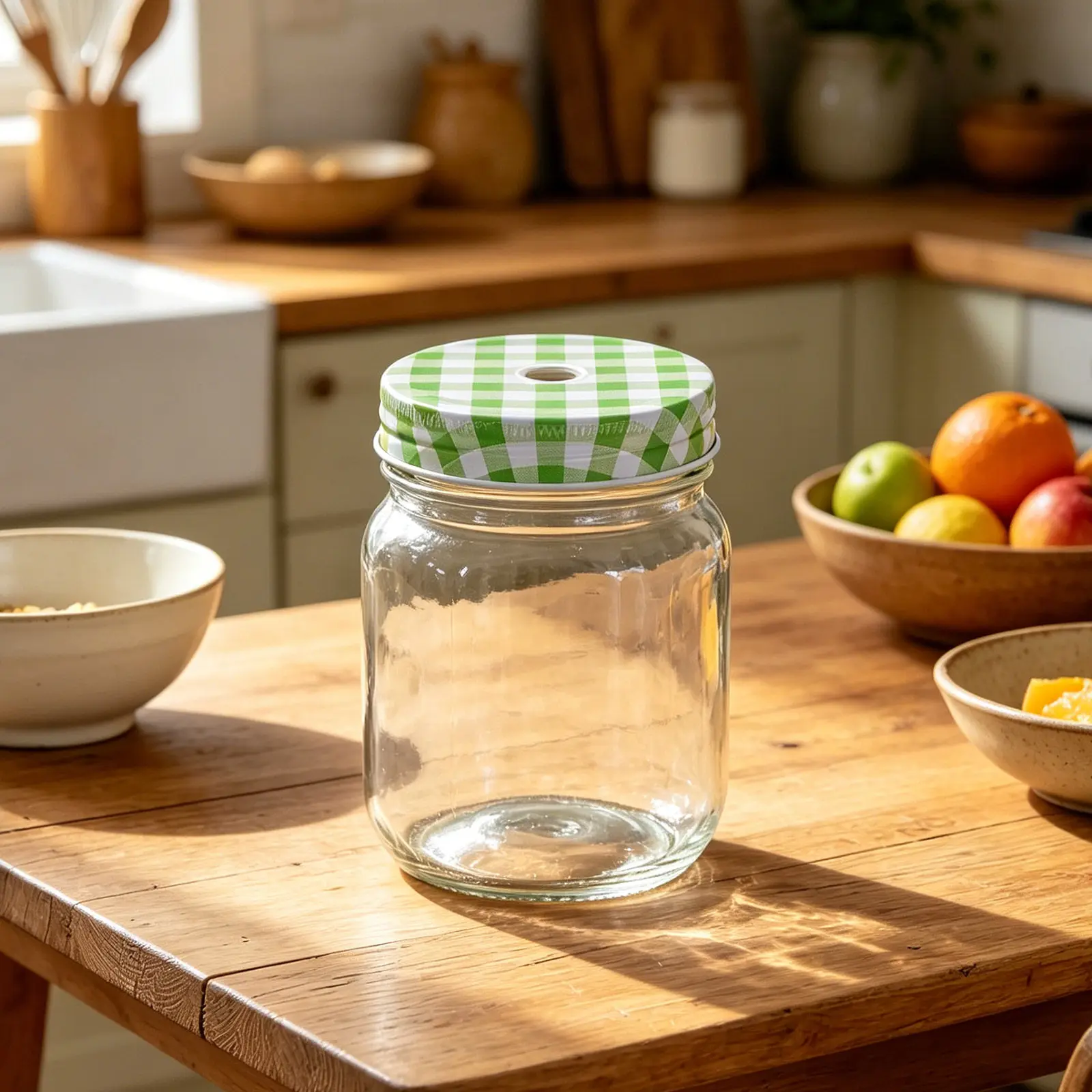 10pcs Red Gingham Regular Mouth Jar Lids with Straw Hole, 70mm Tinplate Canning Lids for Juice Jars