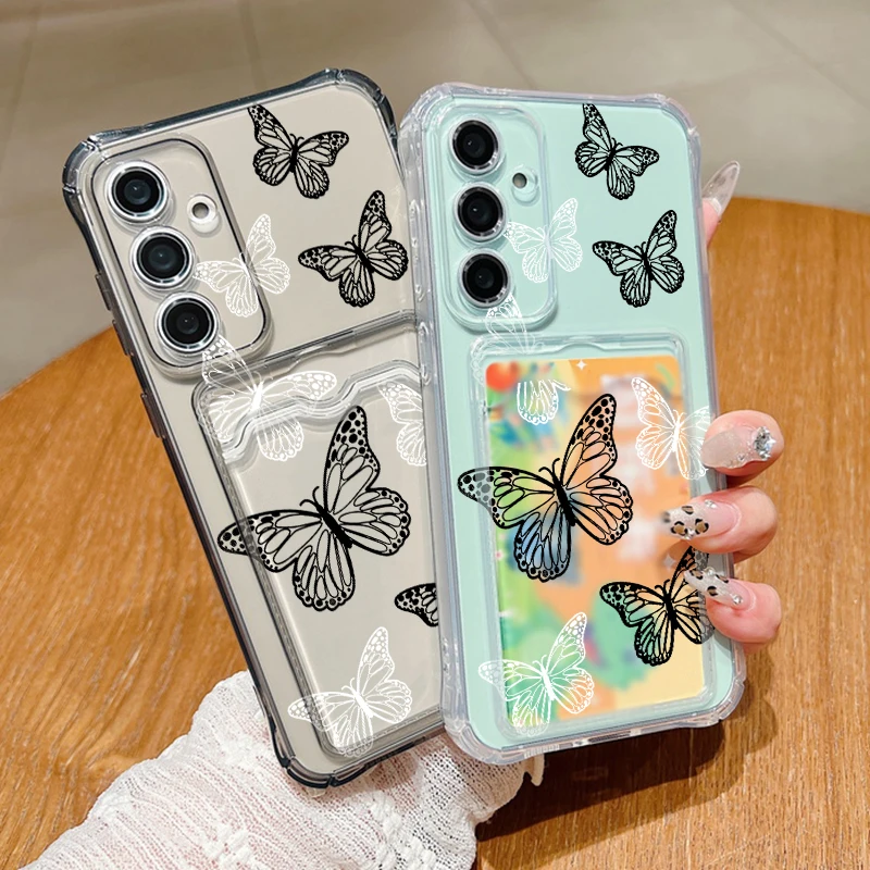 Hollow Out Butterfly Card Bag Wallet Case For Samsung Galaxy S24 S23 FE S22 Ultra A16 A55 A35 A25 A15 A06 A05 Clear TPU Cover