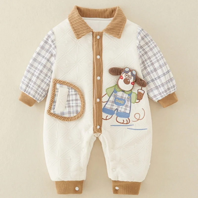 Newborn long-sleeved autumn and winter thickened onesie Class A cotton-padded male baby outing clothing Baby crawling suit