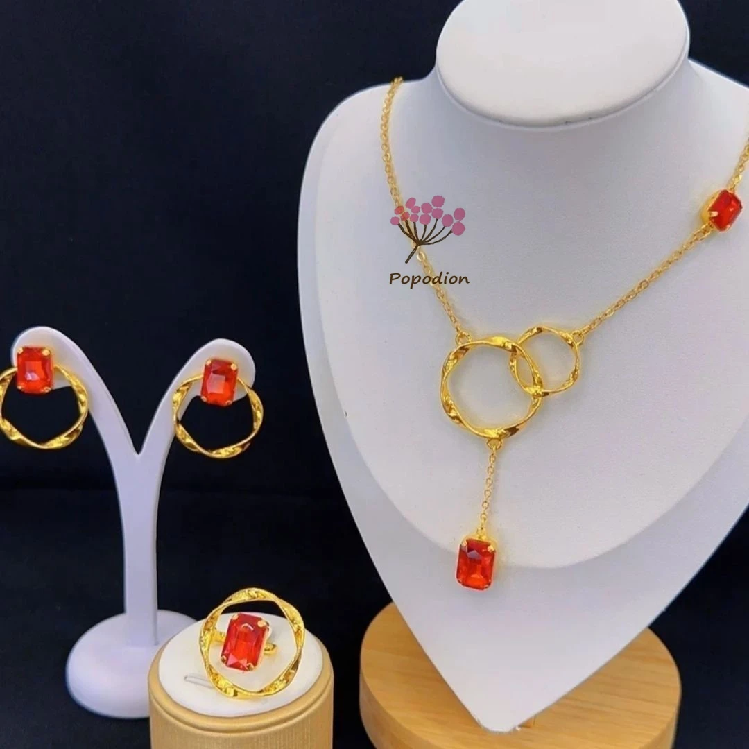 

New German 24K Gold Plated Necklace, Earrings, Rings, Romantic Wedding, Engagement Party Jewelry Set for Lovers DD10643