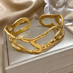 316L Stainless Steel Irregular Hollow Open Cuff Bangles for Women Fashion Gold Color Geometric Unique Design Bangles Bracelets