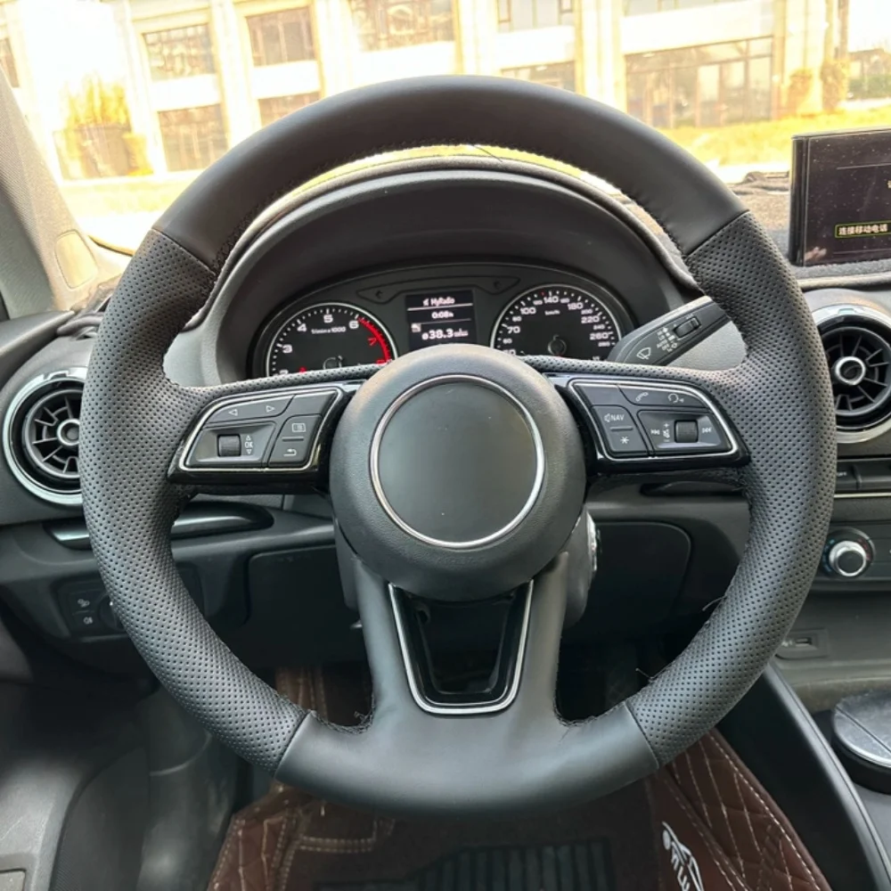 Handgenähter Lenkradbezug aus schwarzem Mikrofaserleder für Audi A3 2017-2019, A4 2017-2019, A5 2018-2019, S5 2018-2019