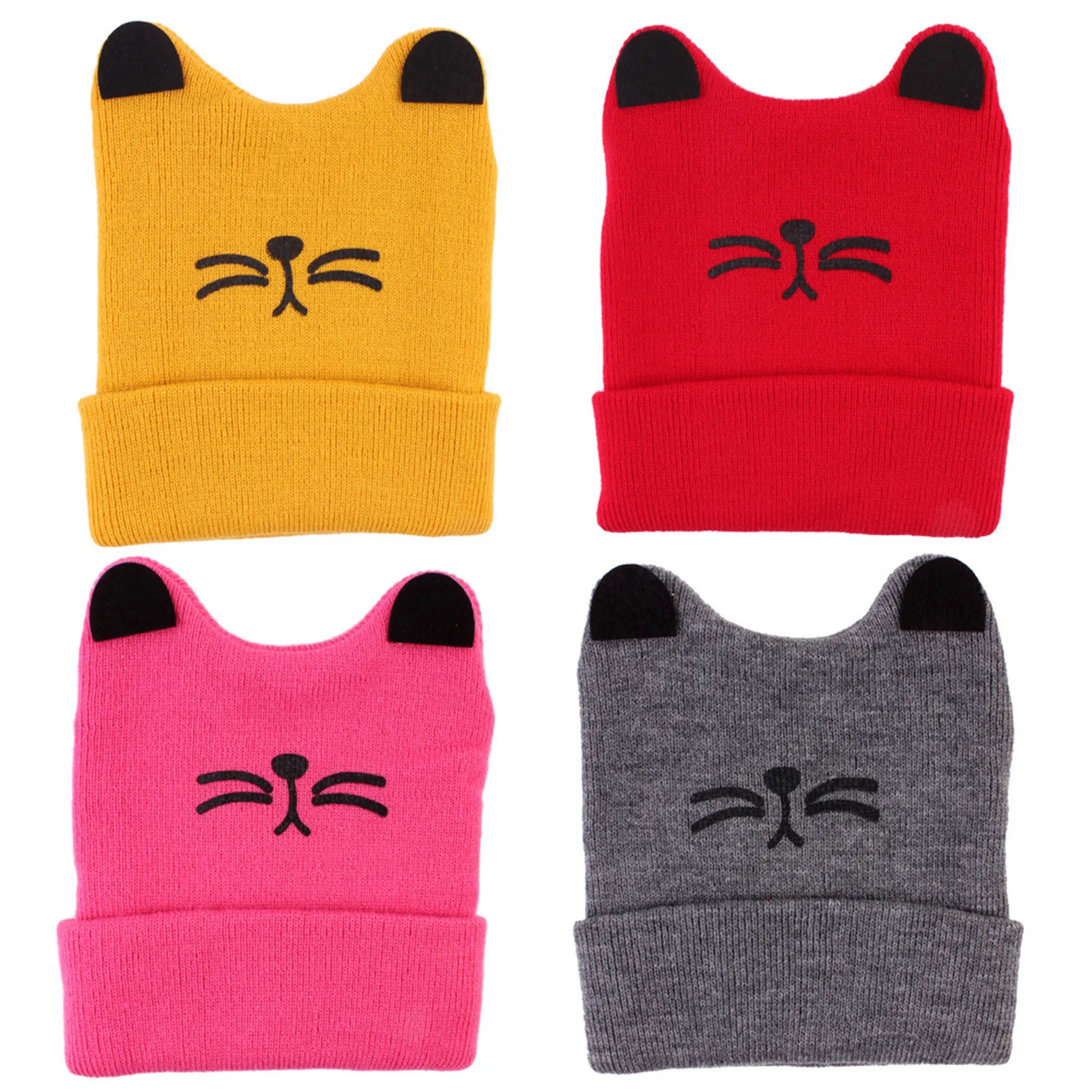 

Spring Autumn Kids Thickness Hat Candy Color Baby Boys Knit Hat Baby Girls Cute Cartoon Cat Head Embroidery Kids Knitted Hat