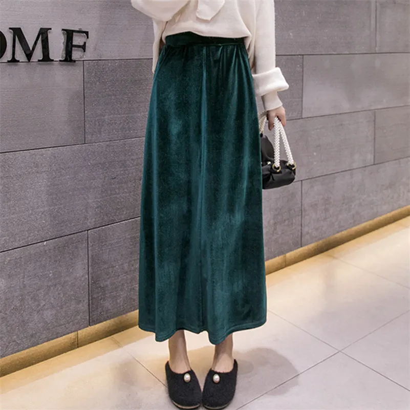 Womens Thick Autumn Winter Warm Skirts Elastic High Waist Velvet Vintage Faldas Office Ladies Work Wear Elegant A-line Skirts