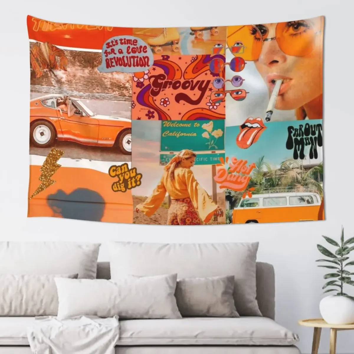 Orange 70s Groovy Collage Tapestry Room Aesthetic Mushroom Things To The Room Tapestry