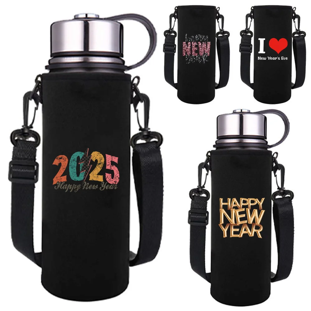 

550-1500ML Insulated Water Bottle Sleeve Bag Cover Adjustable Strap New Year Pattern Water Cup Case Outdoor Travel Accessories