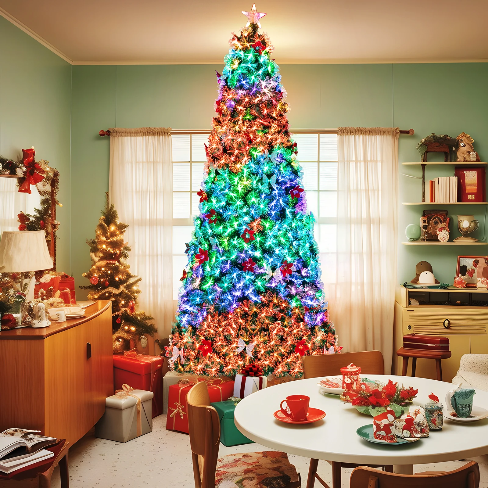 8/9/10 FT Pre-Lit Christmas Tree, Fiber Optic Artificial Xmas Tree, PVC Pine Tree W/ LED Top Star, Flowers & Bow, Foldable Stand