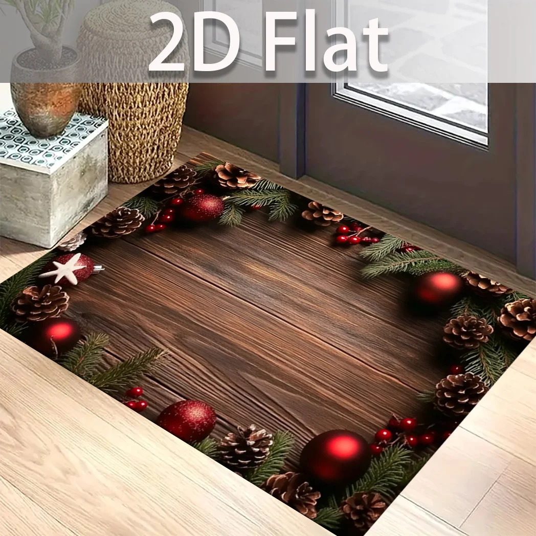 Christmas Wooden Doormat Vintage Pine Cone Red Ball Garland Entrance Carpet For Living Room Kitchen Front Door Festive Floor Mat