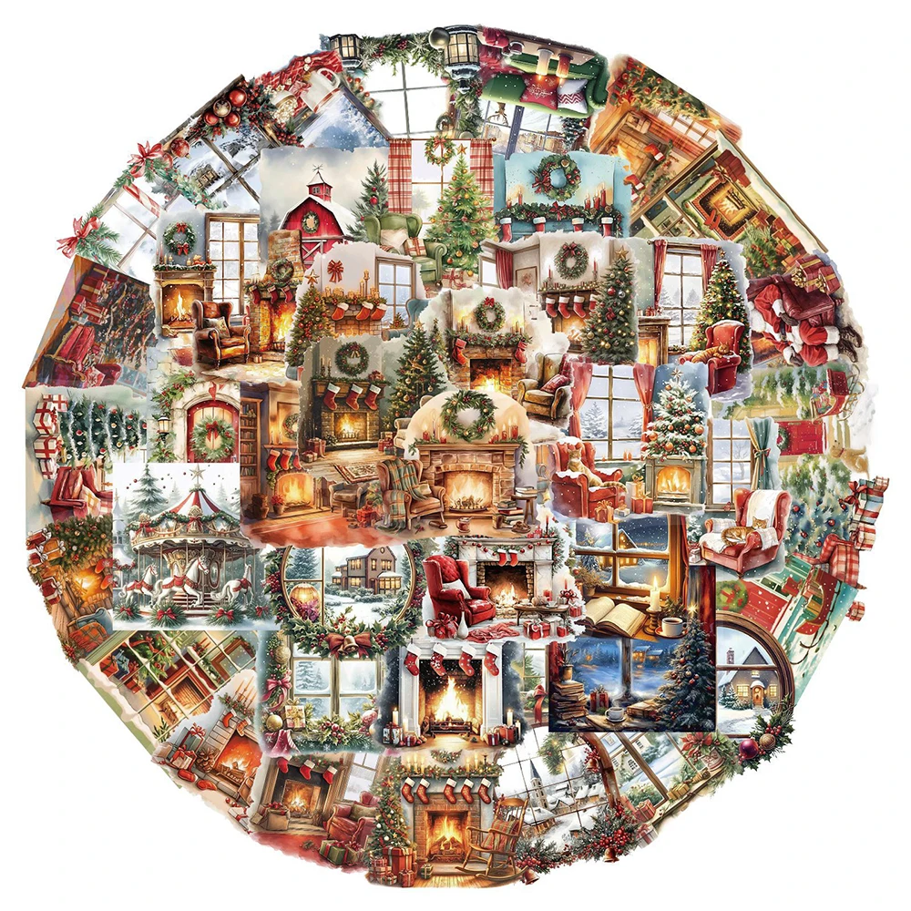 

10/30/50pcs Warm Christmas Scene Stickers Vintage Cartoon Aesthetic Decals DIY Suitcase Phone Notebook Transparent Sticker Decor