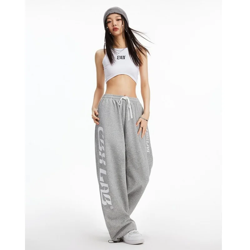 

Women Grey Cargo Pants Letter Streetwear High Waist American Wide Leg Pants Y2K Fashion Female Winter Black Straight Trousers