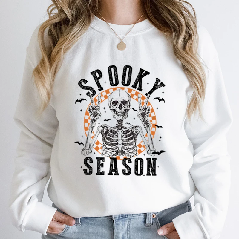 

Halloween Skeleton Spooky Season Sweatshirt Autumn Winter Sweatshirt Ladies Casual Round Neck Long Sleeve Hoodless Pullover Tops