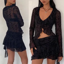 BKLD New Lace Mesh Sexy Y2k Clothes Women Long Sleeve V-Neck Crop Tops And Mini Skirt Ruffles Patchwork Two Piece Sets Outfits