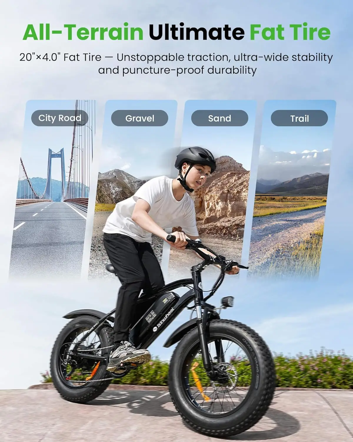 دراجة كهربائية Oniwheel M10 مقاس 20 × 4 بوصة، محرك ذروة 1000 وات، دراجة كهربائية بإطارات عريضة 22 ميلاً في الساعة للبالغين والمراهقين والنساء #6