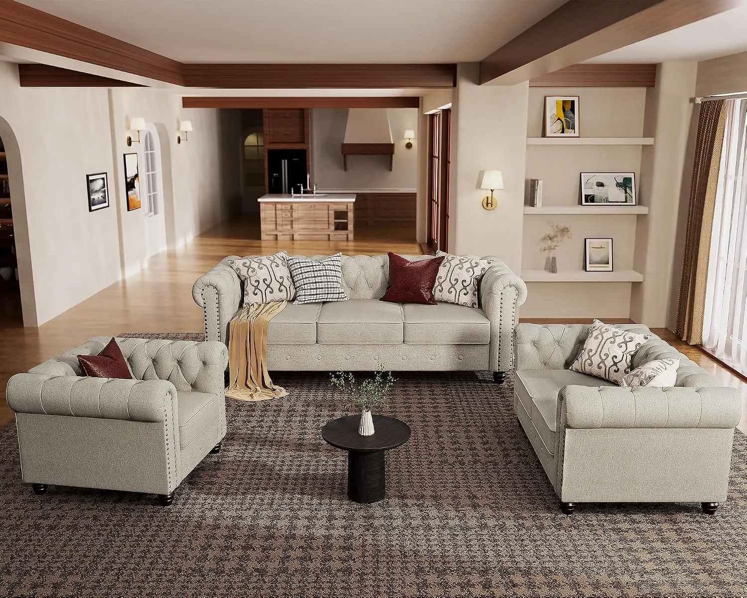 3 Piece Classic Chesterfield 6-Seater Set, Tufted Chair & Loveseat & Sofa Solid Wood Legs Thick Cushion, Pet-Friendly Couch Set