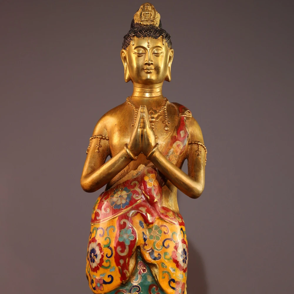 Bronze Cloisonne Enamel Standing Guanyin Bodhisattva Statue Serene Face Fine Craft Heavy Patina