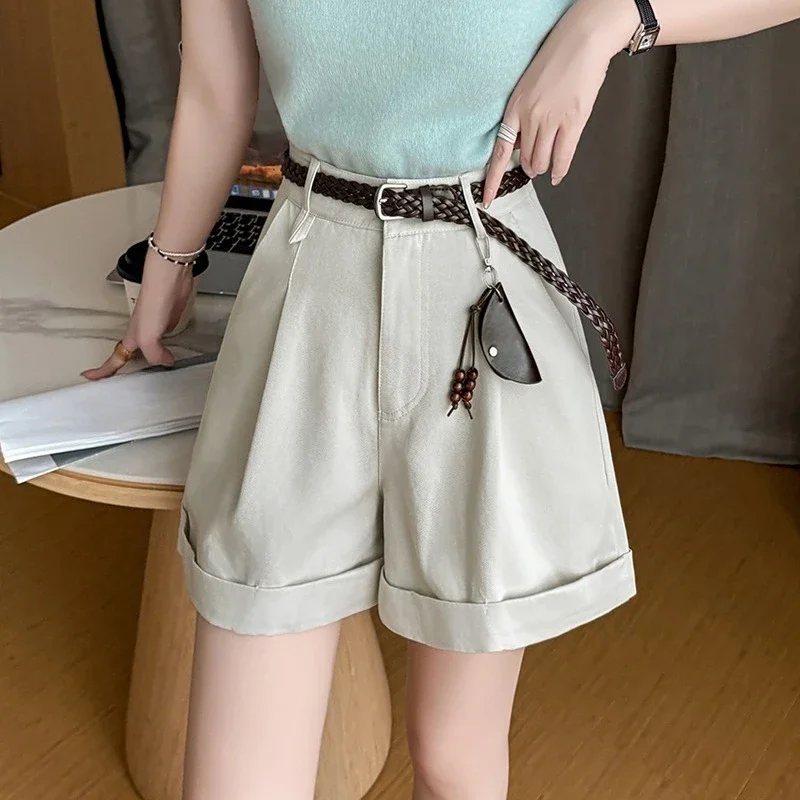 

Seoulish 2026 New Summer Women High Waist A-line Cargo Shorts Casual Belt Rolled Hem Wide Leg Loose Shorts Streetwear