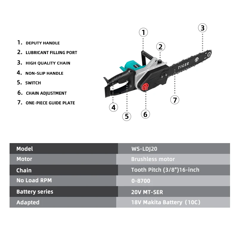 VVOSAI MT-Series Brushless Electric Chainsaw 20V Lithium battery Cordless Chainsaw Wood Cutter Woodworking Garden Tools