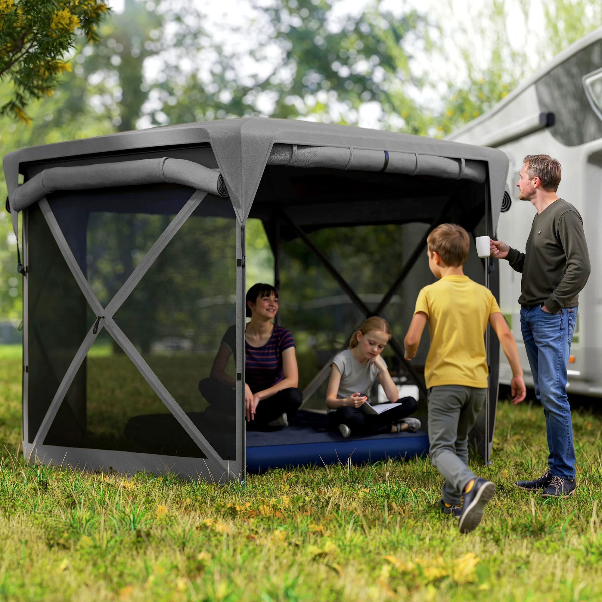 11 X 11ft Pop up Gazebo Screen Tent with Removable Roof Cover, 4 Roll-Up Wind Panels for Camping, Patio, Backyard, Lawn, Dark Gray