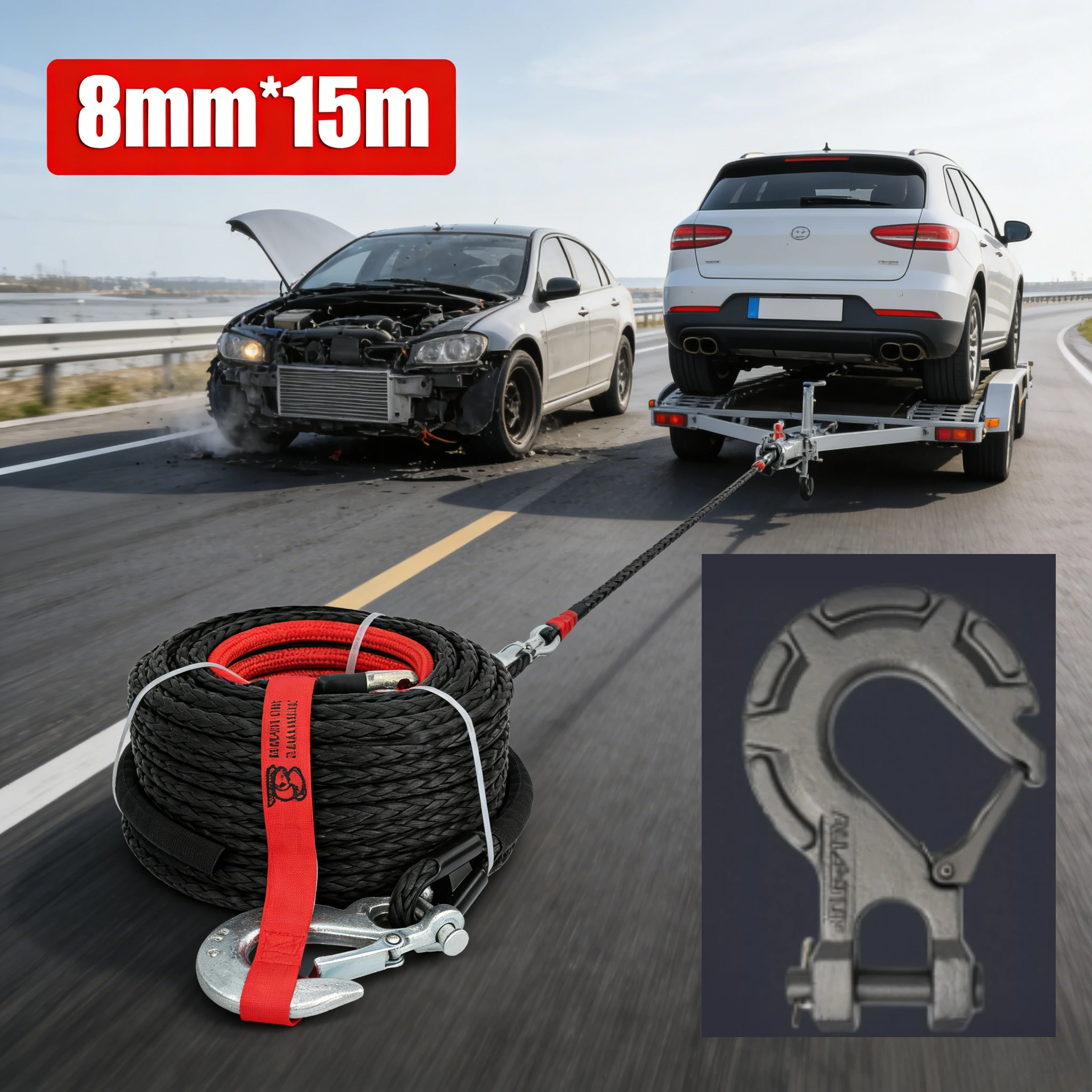 For ATV SUV Vehicle 8mm*15m Synthetic Winch Rope Tow Car 4x4 Accessories Off Road Trailer Strap Breaking Strength Max 20500LBS