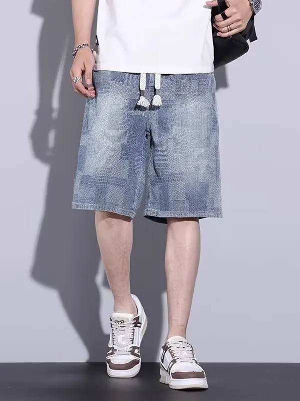 ฤดูร้อนบาง DENIM ort กางเกงผู้ชาย 2025 ใหม่อเมริกัน High Street วัยรุ่นสบายๆห้าจุดอินเทรนด์ Star ลวดลายกางเกงยีนส์