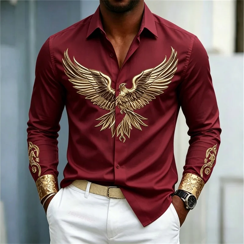 Men's Shirt Long Sleeve Spring Autumn Noble Golden Eagle Totem Ornate Cuff Print Lapel Button‑Up Street Business Top Men Clothes