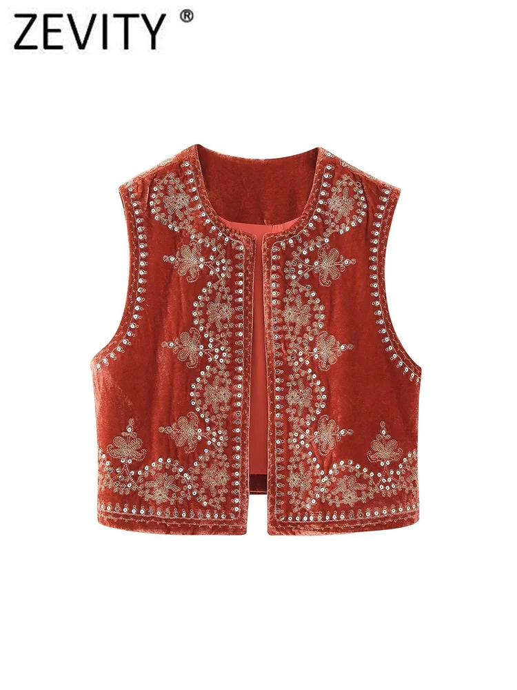 Zevity Women Vintage O Neck Sequins Flower Embroidery Short Vest Jacket Ladies Sleeveless Casual Velvet WaistCoat Tops CT3020