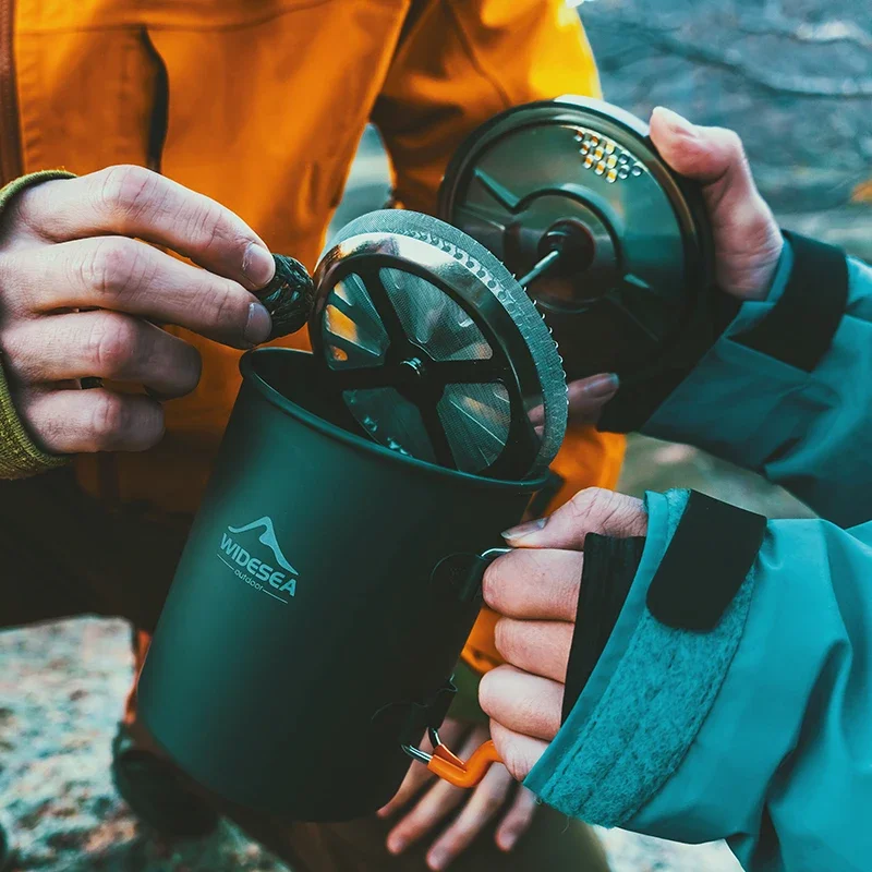

Camping Coffee Pot with French Press Outdoor Cup Mug Cookware for Hiking Trekking Titanium fork Titanium pan Titanium camping