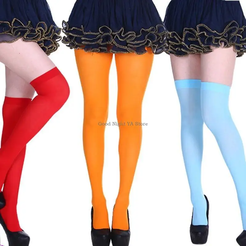 Meias longas coloridas antiderrapantes para mulheres, meias acima do joelho, meias Halloween, cor sólida, opacas, meias altas
