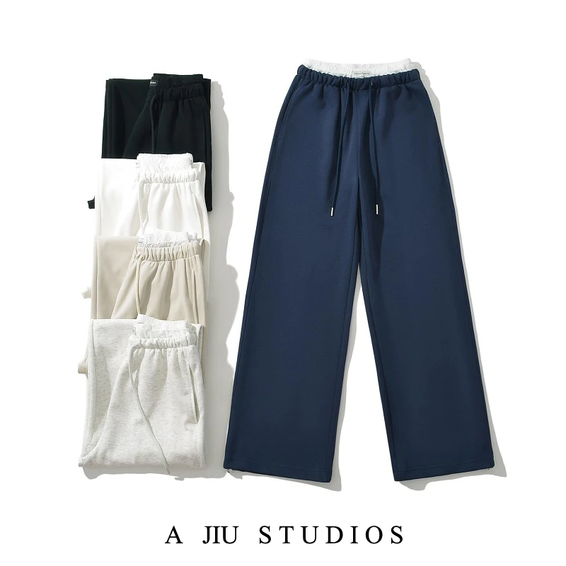 アメリカンレトロレーススプライシングハイウエストルーズカジュアルスポーツパンツレディースドラ伸縮性ウエストワイドレッグスウェットパンツ