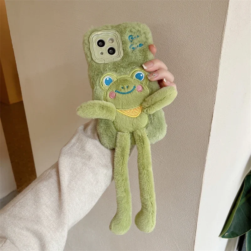 Plush Hair Fluff Toy Soft Phone Case Cartoon For iPhone 16 15 14 13 Pro Max 14 Plus 15 Plus Cute frog Women's Fashion Back Cover