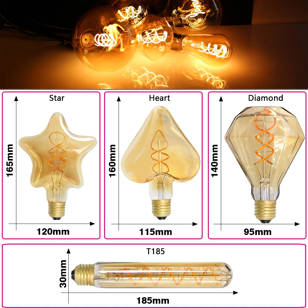 2PCS/Lot Retro Edison LED Light Bulb E14 E27 Vintage LED Bulb 220V 4W C35 A60 T45 ST64 G80 G95 G125 Led Lighting Edison Lamp