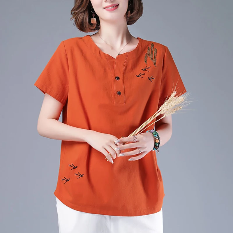 Vintage Ethnic Style Embroidery Round Neck Cotton Linen Shirts Summer Casual Loose Short Sleeve Tops Blouses for Women Clothes