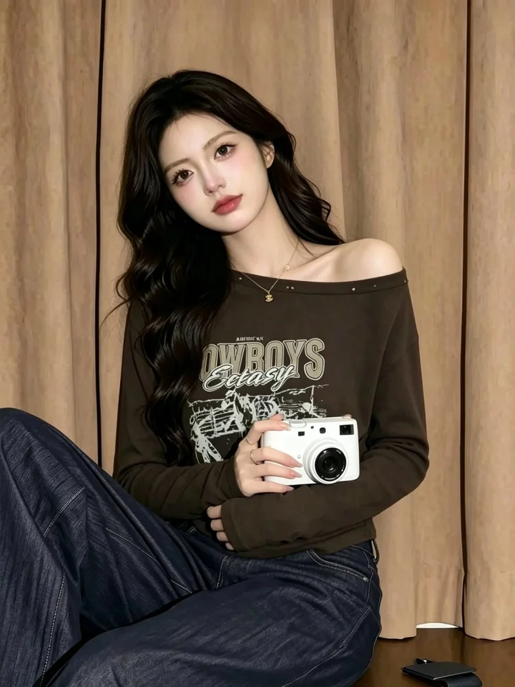 American Style Vintage Print Shoulder Length Sleeve T-Shirt Women's Loose Slimming Lazy Feelings Shoulder Exposure Top