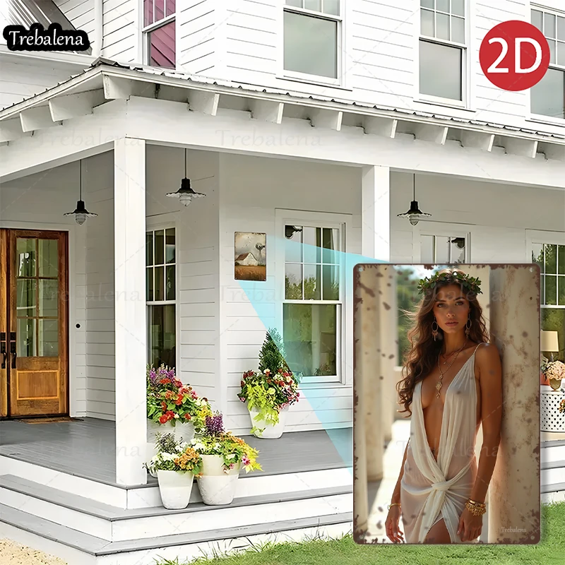 1PC 2D Flat 8*12inch Metal Sign Boho Chic Woman in White Dress Garden Scene
