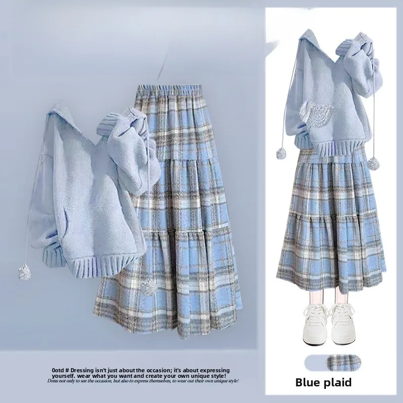 

Autumn Knitted Top And Plaid Skirt Two-Piece Set Casual Loose Sle College Faion Women's Ensemble Spring 2025