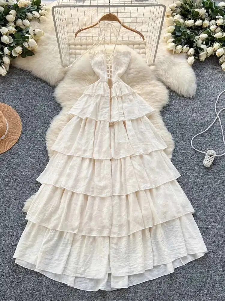 Francês sexy vestido de praia feminino verão pendurado pescoço em camadas vestidos longos senhoras fora do ombro magro a linha sem costas longo robe