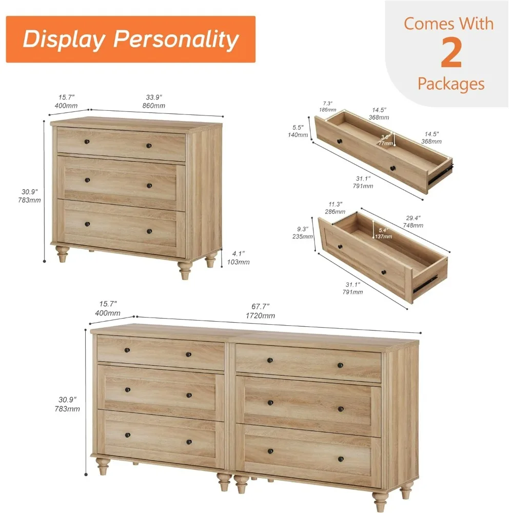 Dresser for Bedroom with 6 Drawers, Oak Kids Dressers with Wide Chest of Drawers, Modern Wooden Closet Storage Organizer