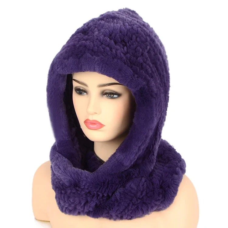 Winter Rex Rabbit Fur Hat Women's Warm Soft Knitted Hats And Scarf Set