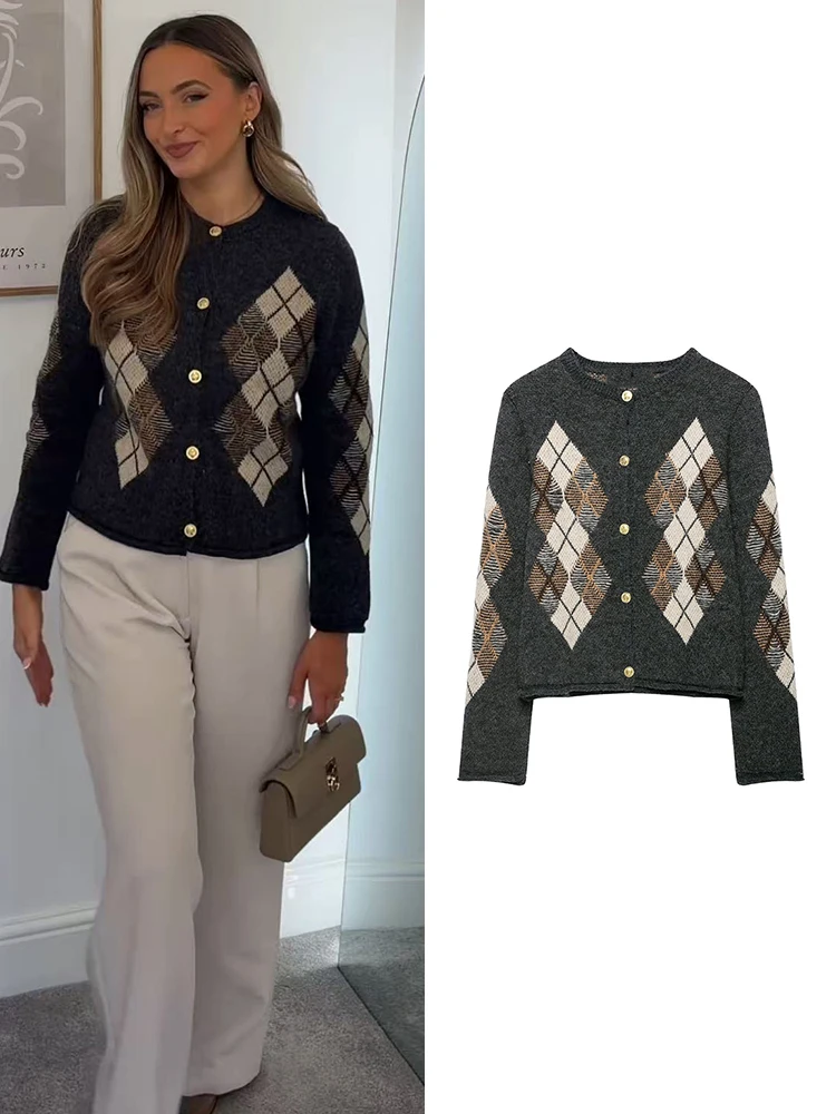 Women’s Knit Jacket Elegant Gray Argyle Knit Cardigan Long Sleeve Button Front Sweater Coat Casual Daily Commute Street Knitwear