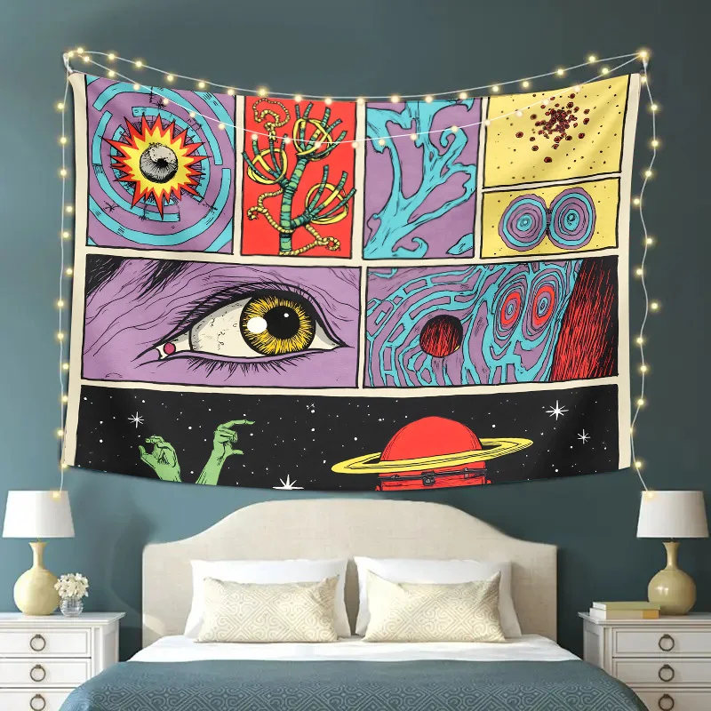 Bohemian Retro Space Tapestry Wall Hanging Cosmic Galaxy Planets Eye Artwork Psychedelic Boho Decor Science Fiction Astronomy Ab