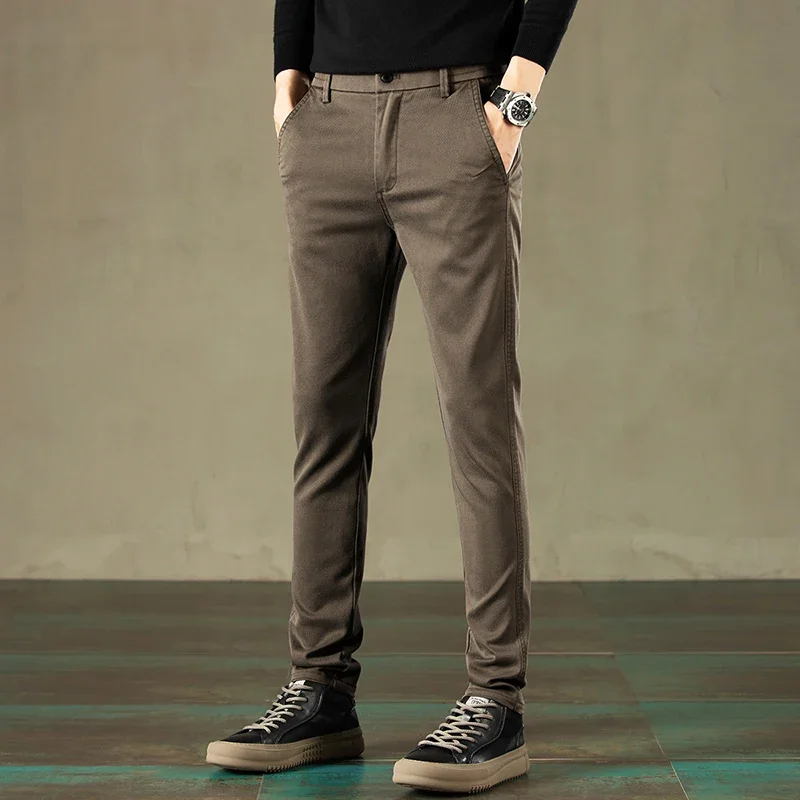 2024 Spring New Men\'s Casual Pants Brand Clothing Business Elastic Waist Thick Classic Slim Trousers Male Black Grey Brow