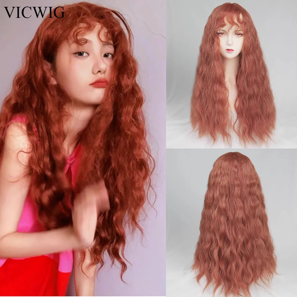 

VICWIG Orange Long Curly Wigs with Bangs Synthetic Women Natural Lolita Cosplay Hair Wig Heat Resistant for Daily Party