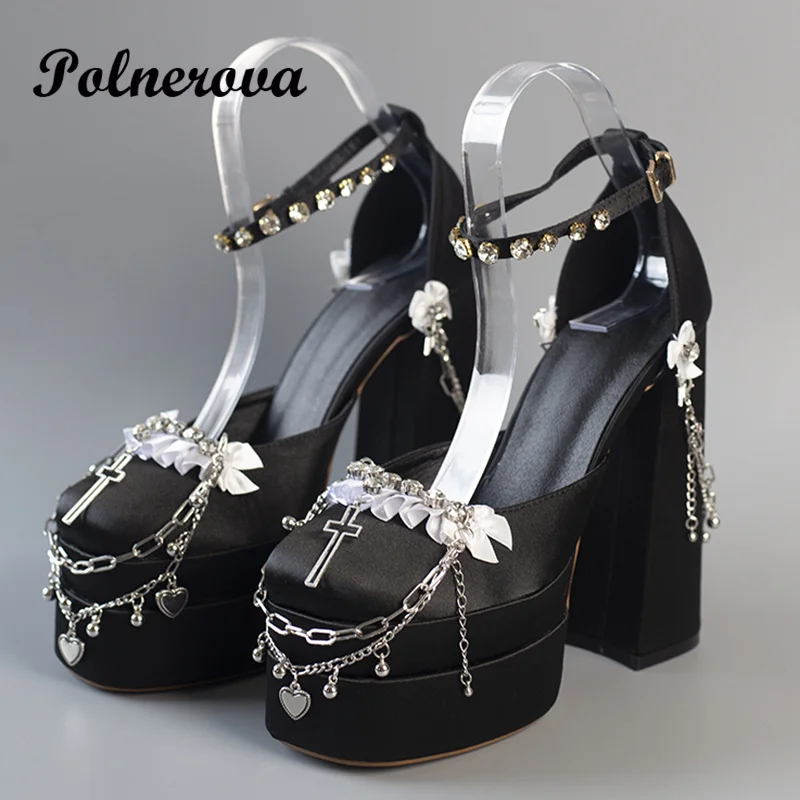 Rose Red Platform Sandals Summer Ladies Lolita Style Chain Decorated Gothic Platform Black Pink High Heels Summer and Autumn