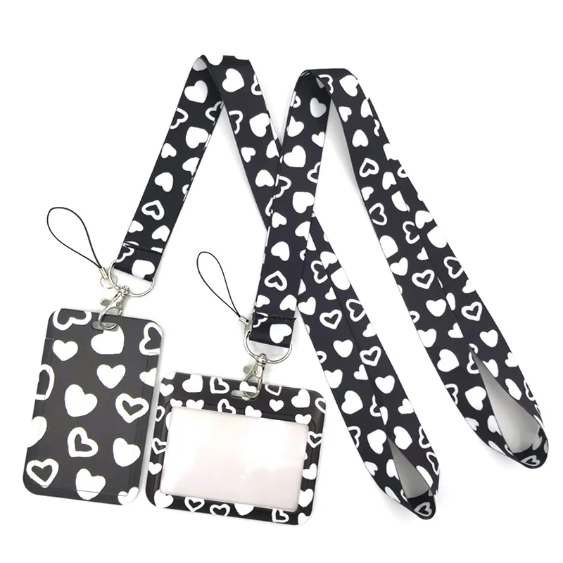 Black Love Heart Lanyard Credit Card ID Holder Bag Student Women Travel Card Cover Badge Car Keychain Gifts Accessories