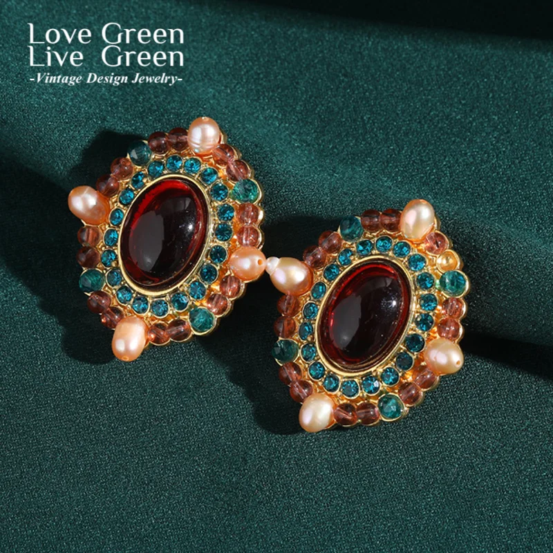 

Vintage Colorful Glaze Stud Earring Oval Pearl Luxury Jewelry Designer Charms Retro Palace Woman Accessories Wedding Party 2025