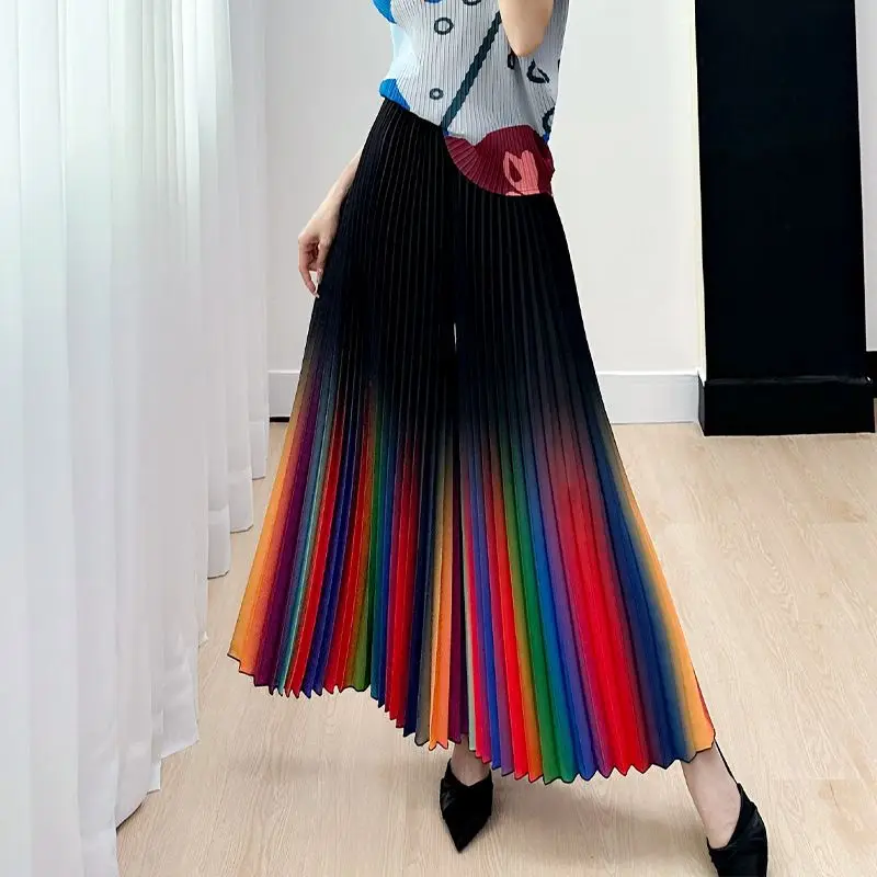 Spring Rainbow Gradient Color Flared Pleated Ankle Pants for Womens Lush Drape Temperament Wide Legged Summer Pants