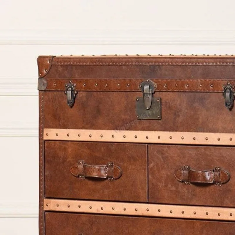 Medieval retro oil wax leather American coffee table living room solid wood drawer cabinet 4